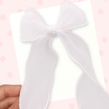 Load image into Gallery viewer, Pearl Edged - White - Long Tailed Ribbon Bow