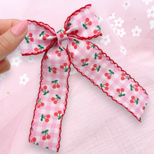 Load image into Gallery viewer, Checkered Cherries - Long Tailed Ribbon Bow