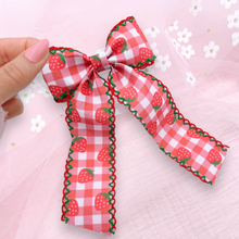 Load image into Gallery viewer, Checkered Strawberries - Long Tailed Ribbon Bow