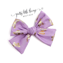 Load image into Gallery viewer, Purple Silk w/ Gold Butterflies - Nola Handtied Bow - 3.75”