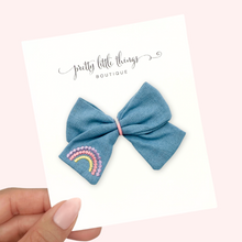 Load image into Gallery viewer, Denim Rainbow - Fabric Handtied Bow 3.75”