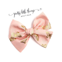 Load image into Gallery viewer, Pink Silk w/ Gold Butterflies - Nola Handtied Bow - 3.75”