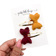 Load image into Gallery viewer, Felt Bow - Wine/Mustard - Snap Clip - Set of 2 - 2.5”