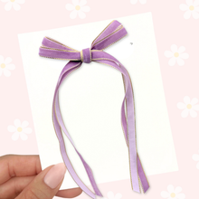 Load image into Gallery viewer, Gold Trim Purple Velvet - Long Tail Ribbon Bow