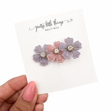Load image into Gallery viewer, Crystal Flower Trio - Pink/Purple - 4.5cm Bar Clip
