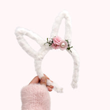 Load image into Gallery viewer, Furry Bunny Ears - White - w/ removable flowers
