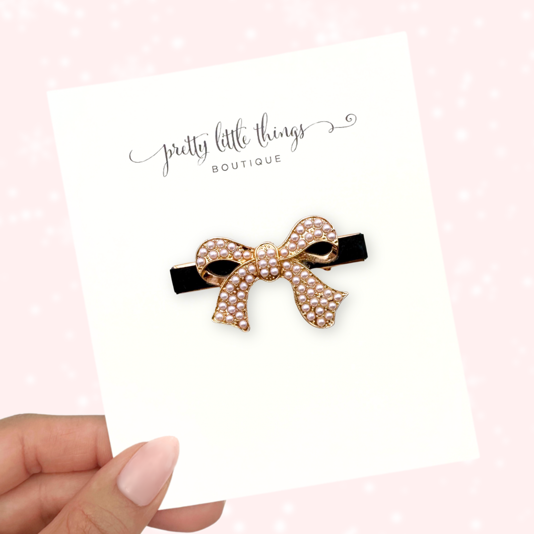 Pearl Bow on Black - Bar Clip 4.5 cm