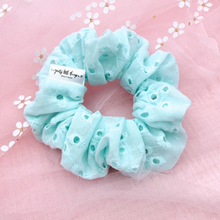 Load image into Gallery viewer, Eyelet Lace - Aqua - Scrunchie (Adult) - 3 for $30
