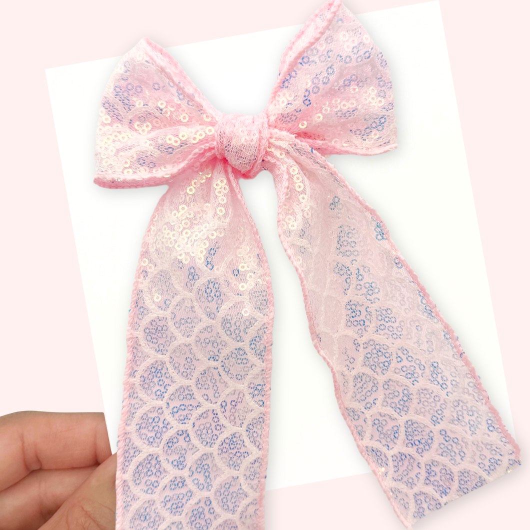 Glam Mermaid - Pink - Long Tailed Ribbon Bow