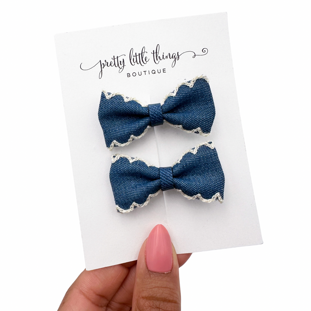 Denim Bow - White - Pigtails 2”