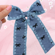 Load image into Gallery viewer, Denim Bows - Long Tailed Ribbon Bow
