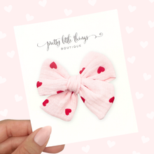 Load image into Gallery viewer, Muslin Heart - Pink - Nola Handtied Bow 3.75”
