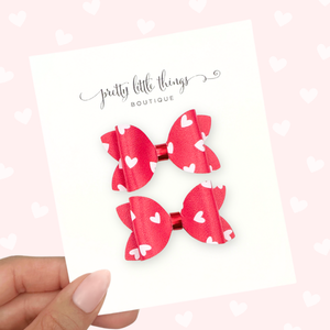 White Mini Hearts on Red - Micro Pigtails 1.72”