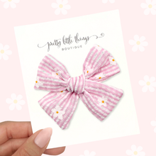 Load image into Gallery viewer, Seersucker Daisies - Pink - Nola Handtied Bow 3.75”
