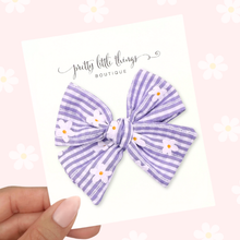 Load image into Gallery viewer, Seersucker Daisies - Purple - Nola Handtied Bow 3.75”

