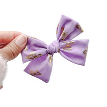 Load image into Gallery viewer, Purple Silk w/ Gold Butterflies - Nola Handtied Bow - 3.75”
