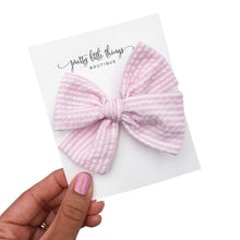 Load image into Gallery viewer, Pink Striped Seersucker - Nola Handtied Bow 3.75”
