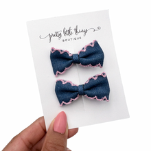 Load image into Gallery viewer, Denim Bow - Pink - Pigtails 2”
