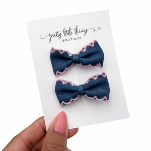 Denim Bow - Pink - Pigtails 2”