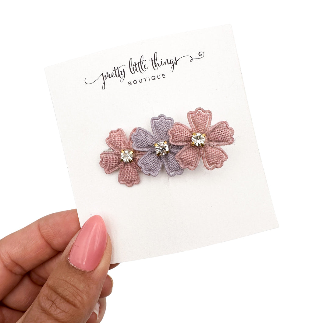 Crystal Flower Trio - Pink/Purple - 4.5cm Bar Clip