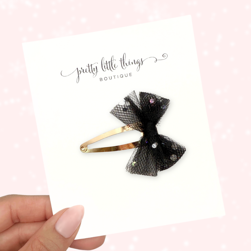 Tulle Bow - Black - Snap Clip