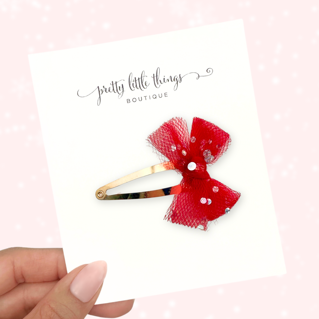Tulle Bow - Red - Snap Clip
