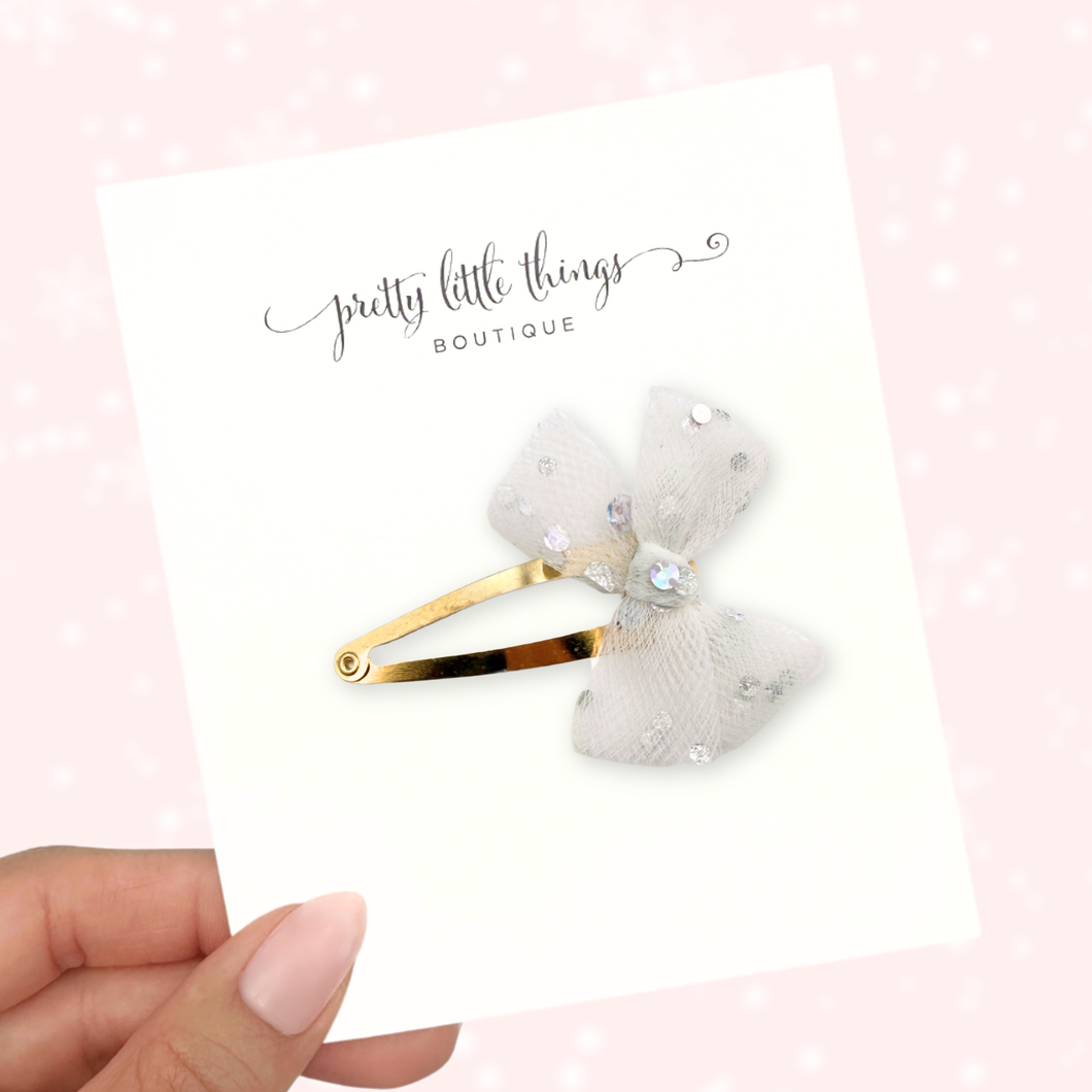 Tulle Bow - White - Snap Clip