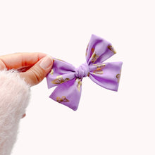 Load image into Gallery viewer, Purple Silk w/ Gold Butterflies - Nola Handtied Bow - 3.75”
