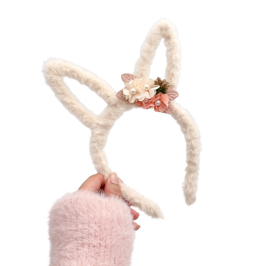 Furry Bunny Ears - Cream - w/ removable flowers