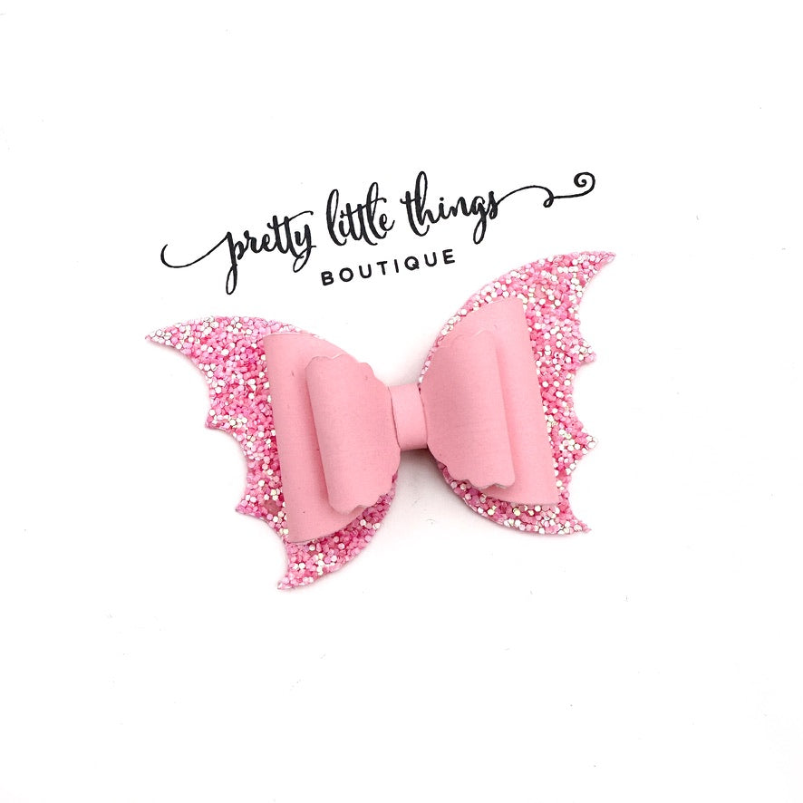 Bat Bow - Glitter Pink - Glow in Dark - 3.5”