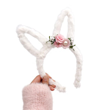 Load image into Gallery viewer, Furry Bunny Ears - White - w/ removable flowers

