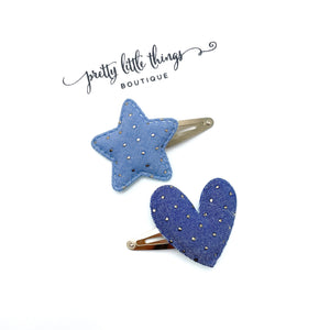 Denim Heart and Star - Snap Clip - set of 2